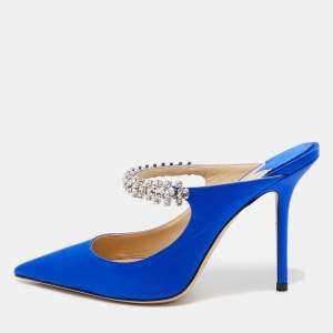 Jimmy Choo Blue Satin Crystal Embellished Bing Mules Size 37.5