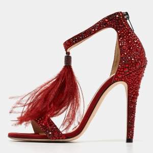 Pre Owned Jimmy Choo Dark Red Crystal Embellished Suede and Ostrich Feather Viola Sandals Size 39