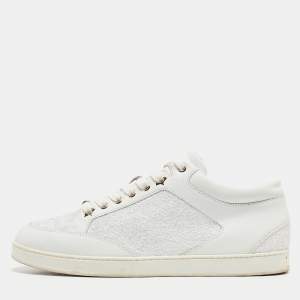 Pre Owned Jimmy Choo White Glitter And Leather Low Top Sneakers Size 41
