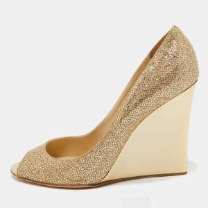 Pre Owned Jimmy Choo Gold Glitter Bello Peep Toe Wedge Pumps Size 40