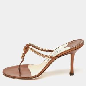 Jimmy Choo Metallic Bronze Leather Crystal Embellished Slide Sandals Size 39