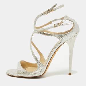 Jimmy Choo Silver Textured Leather Lance Sandals Size 40