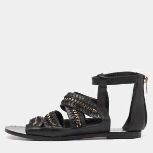Jimmy Choo Black Leather Chain and Stitch Detail Ankle Strap Flat Sandals Size 41