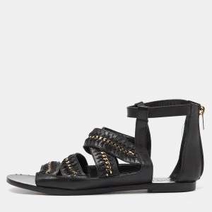 Pre Owned Jimmy Choo Black Leather Chain and Stitch Detail Ankle Strap Flat Sandals Size 41