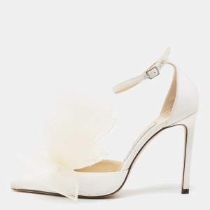 Pre Owned Jimmy Choo White Canvas and Mesh Aveline Bow Ankle Strap Pumps Size 37