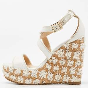 Pre Owned Jimmy Choo Beige Raffia and Leather Wedge Sandals Size 37