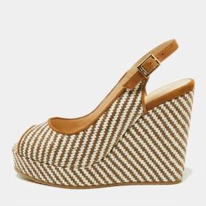 Pre Owned Jimmy Choo Brown/White Raffia and Suede Wedge Ankle Strap Sandals Size 37