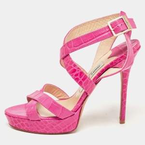 Jimmy Choo Pink Croc Embossed Leather Strappy Lottie Ankle Strap Sandals Size 39