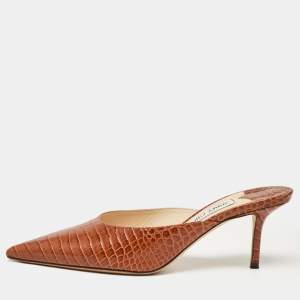 Pre Owned Jimmy Choo Brown Croc Embossed Leather Rav Mules Size 41