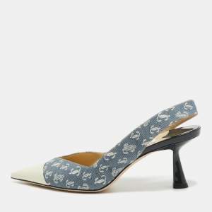 Pre Owned Jimmy Choo Blue/Cream Canvas and Patent  liya Slingback Pumps Size 38
