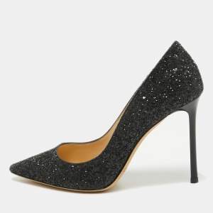 Pre Owned Jimmy Choo Black Coarse Glitter Romy Pumps Size 38