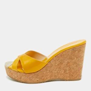 Pre Owned Jimmy Choo Yellow Patent Leather Prima Cork Wedge Sandals Size 39