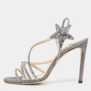Pre Owned Jimmy Choo Grey Shimmer Suede Embellished Lynn Sandals Size 38