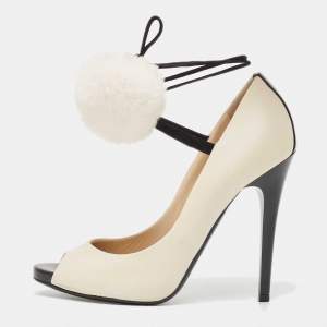 Jimmy Choo Off White Leather Pom Pom Ankle Tie Peep Toe Pumps Size 37.5