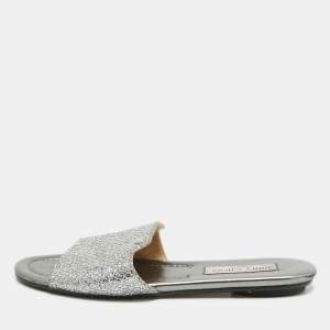 Jimmy Choo Silver Glitter and Leather Nanda Flat Slides Size 37