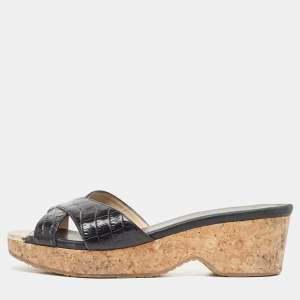 مملوكة مسبقًا Jimmy Choo Black Croc Embossed Prima Wedge Sandals Size 39