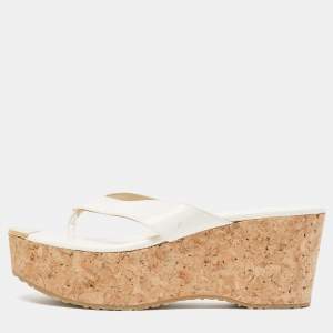 Jimmy Choo White Patent Leather Pathos Thong Cork Wedge Slides Size 37.5