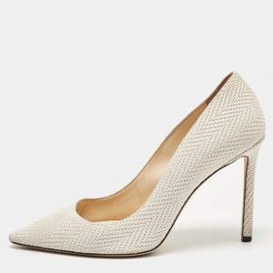 Jimmy Choo White Knitted Nubuck Leather Romy Pumps Size 38.5