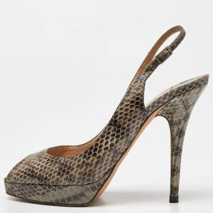 Jimmy Choo Grey Snakeskin Leather Peep Toe Pumps Size 38.5