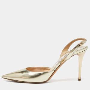 Pre Owned Jimmy Choo Gold Mirror Leather Pointed Toe Slingback Sandals Size 38.5