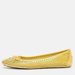 Jimmy Choo Yellow Perforated Patent Leather Walsh Bow Ballet Flats Size 37