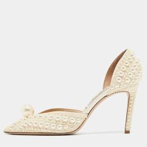 Pre Owned Jimmy Choo Off White Faux Pearl Embellished Satin Sabine Pumps Size 40