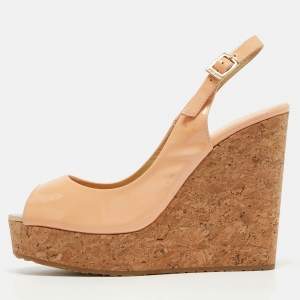 Jimmy Choo Peach Patent Leather Prova Wedge Sandals Size 37.5