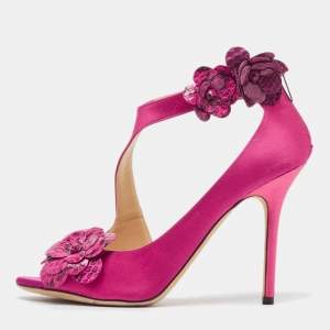 Jimmy Choo Pink Satin and Python Flower Applique Sandals Size 39.5