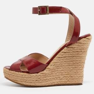 Jimmy Choo Burgundy Patent Leather Phoenix Espadrille Wedge Sandals Size 38