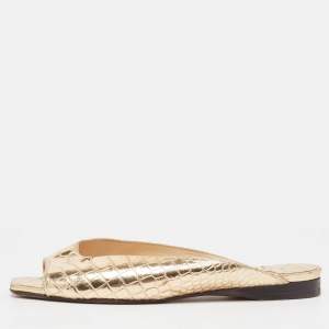 Pre Owned Jimmy Choo Gold Croc Embossed Leather Jynx Flat Mules Size 38