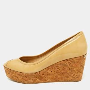 Jimmy Choo Beige Patent Leather Cork Wedge Parley Pumps Size 39