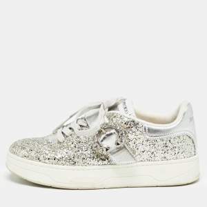 Jimmy Choo Silver Glitter and Leather Osaka Sneakers Size 38.5