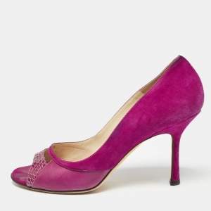 Pre Owned Jimmy Choo Purple Leather and Suede Open Toe Pumps Size 38.5