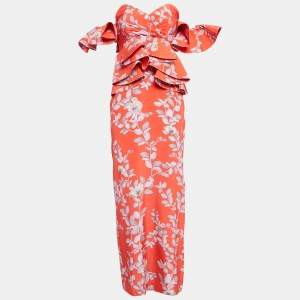 Johanna Ortiz Red Bougainvillea Print Silk Off-Shoulder Maxi Dress M