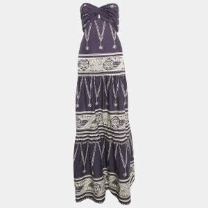 Johanna Ortiz Navy Blue Printed Cotton Strapless Tie-Up Detail Orilla Del Mar Maxi Dress M