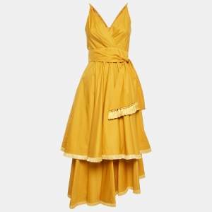 Johanna Ortiz Yellow Poplin Fringe Tiered Midi Dress S