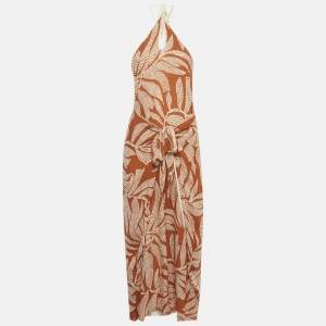 Pre Owned Johanna Ortiz Orange Printed Silk Wrap Detail Maxi Dress L