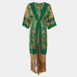 مملوكة مسبقًا Johanna Ortiz Green Embroidered Silk Contigo en La Distancia Fringed Dress S