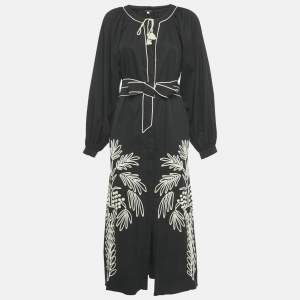 Pre Owned فستان جوهانا أورتيز قطن أسود مطرز ماكسي مقاس كبير (لارج)