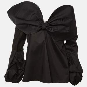 مملوكة مسبقًا Johanna Ortiz Black Cotton Caravan Bow Detail Off-The-Shoulder Top S