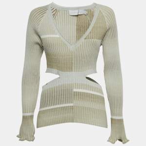 Pre Owned Jonathan Simkhai Beige Peyton Striped Rib Knit Cut-Out Top L