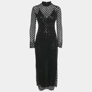 Jonathan Simkhai Black Honeycomb Sequin Mesh Ainaz Long Dress S