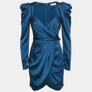 Jonathan Simkhai Blue Satin V-Neck Belted Mini Dress S