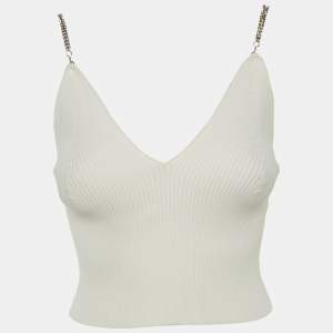 Pre Owned Jonathan Simkhai White Rib Knit Stone Studded Cain Shoulder Detail Crop Top S
