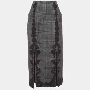 Pre Owned Jonathan Simkhai Grey Check Wool Lace Applique Midi Skirt S