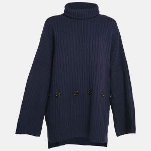 Joseph Navy Blue Rib Knit Wool Buttoned Poncho L