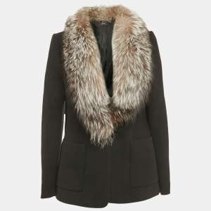 Joseph Black Fur Trim Felt Button Front Jacket L