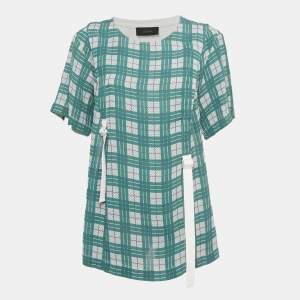 Pre Owned Joseph Green /White Checkered Cotton & Crepe Belt Detail T-Shirt L