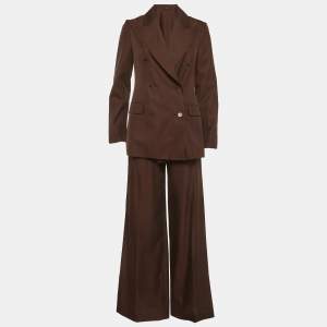 Pre Owned بذلة حرير جوزيف بني مزدوج الصدر مع بنطال مقاس صغير (سمول)