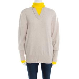 Joseph Beige and Yellow Faux Layered V+High Neck Wool Blend Sweater M